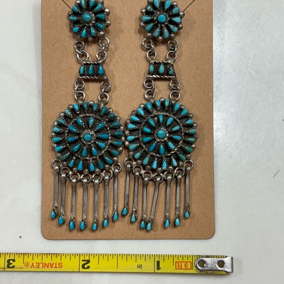 Vintage Native American Silver & Turquoise Double Drop Fringe Earrings - Picture 6 of 9